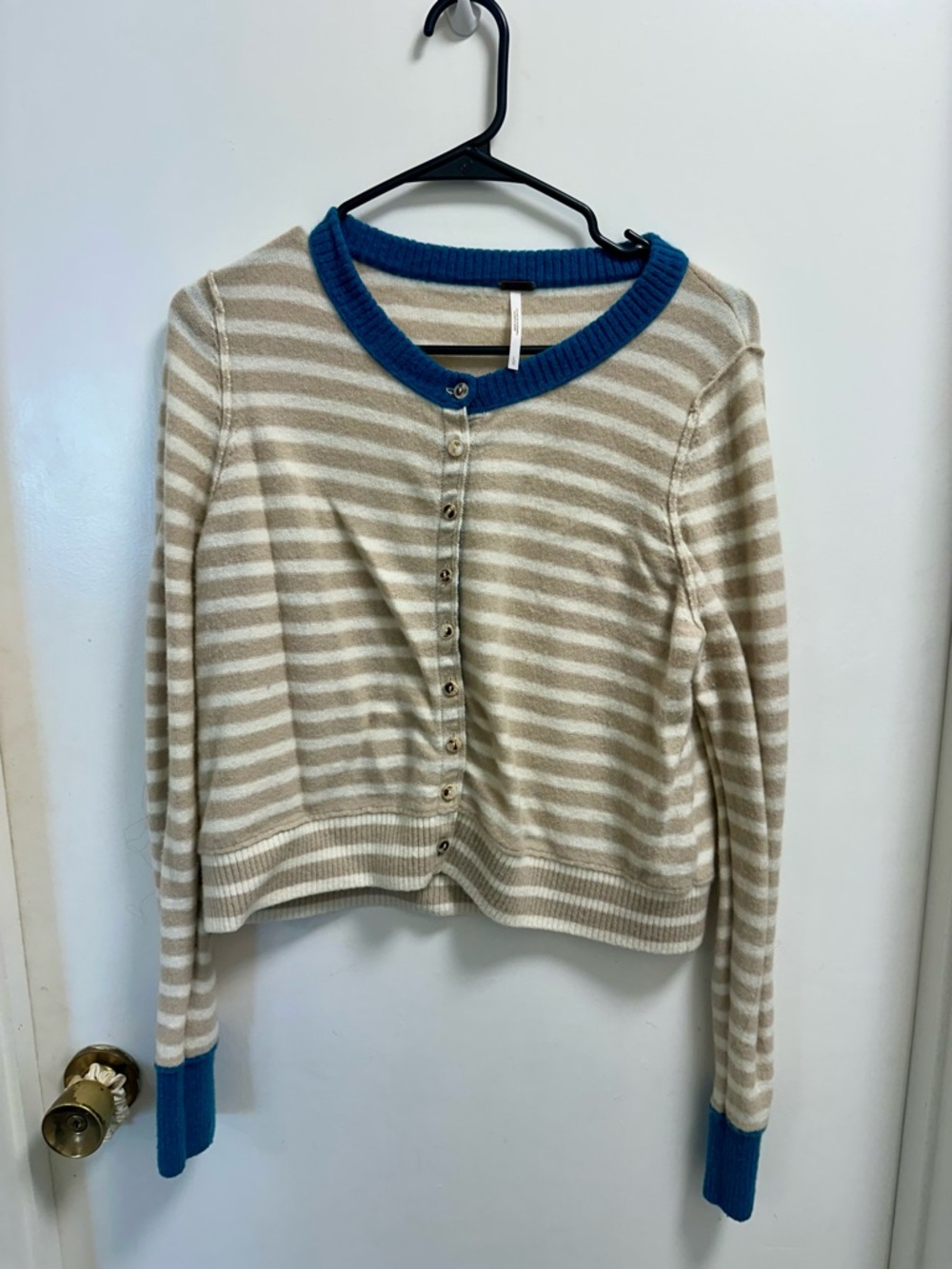 Free People Striped Beige & White Cardigan with Blue Trim